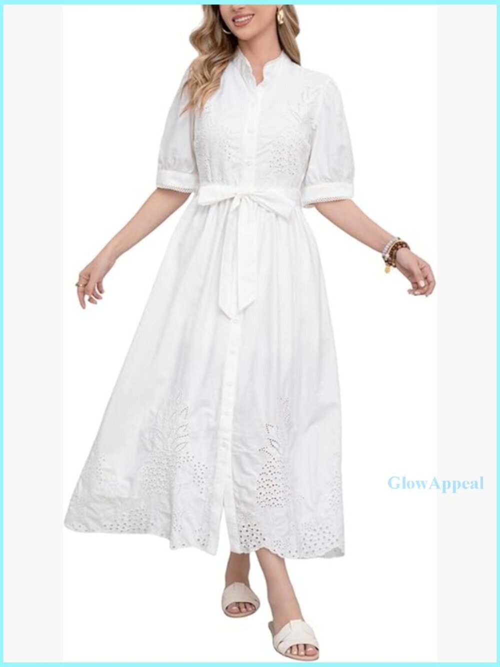 Embroidered Eyelet Shirt Dress with Belt Puff Sleeves Cotton Maxi